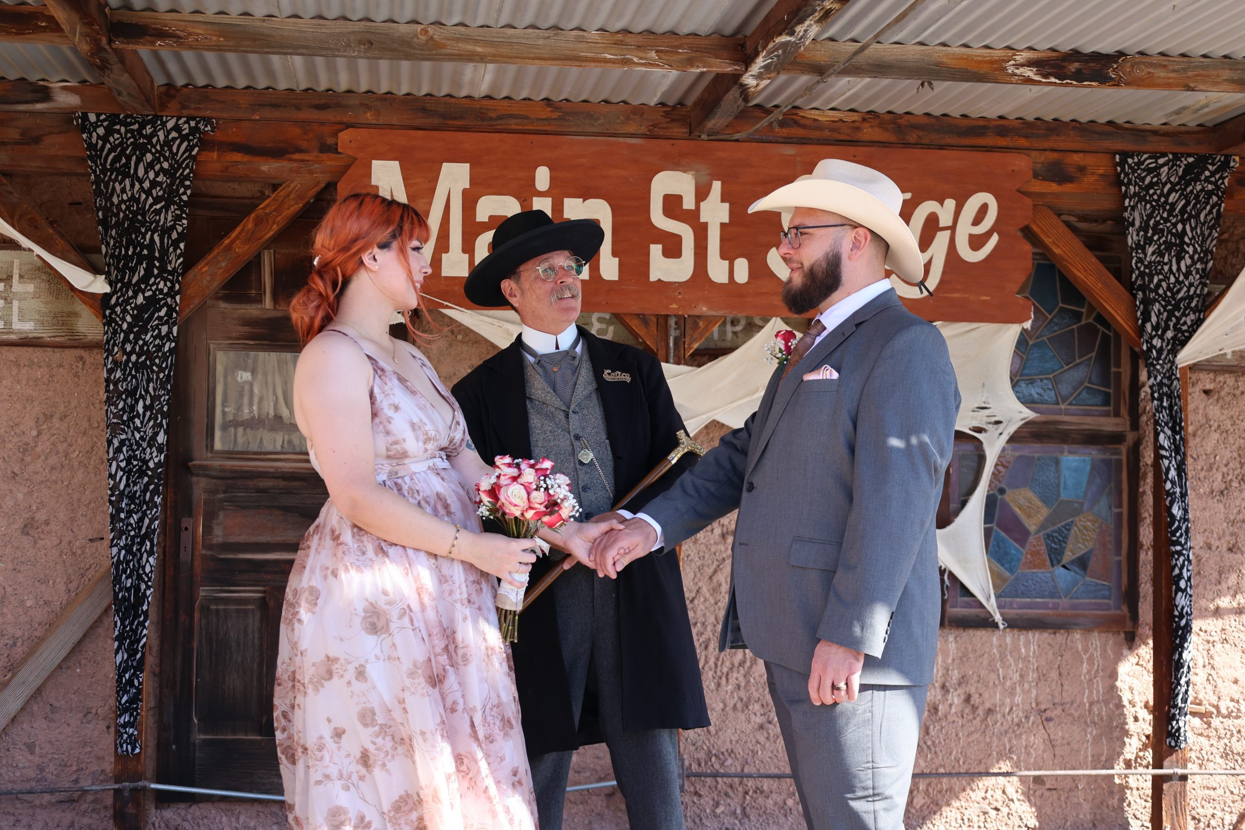 Couple getting married on the Main Street Stage in Calico Ghost Town last year on October 31, 2024.